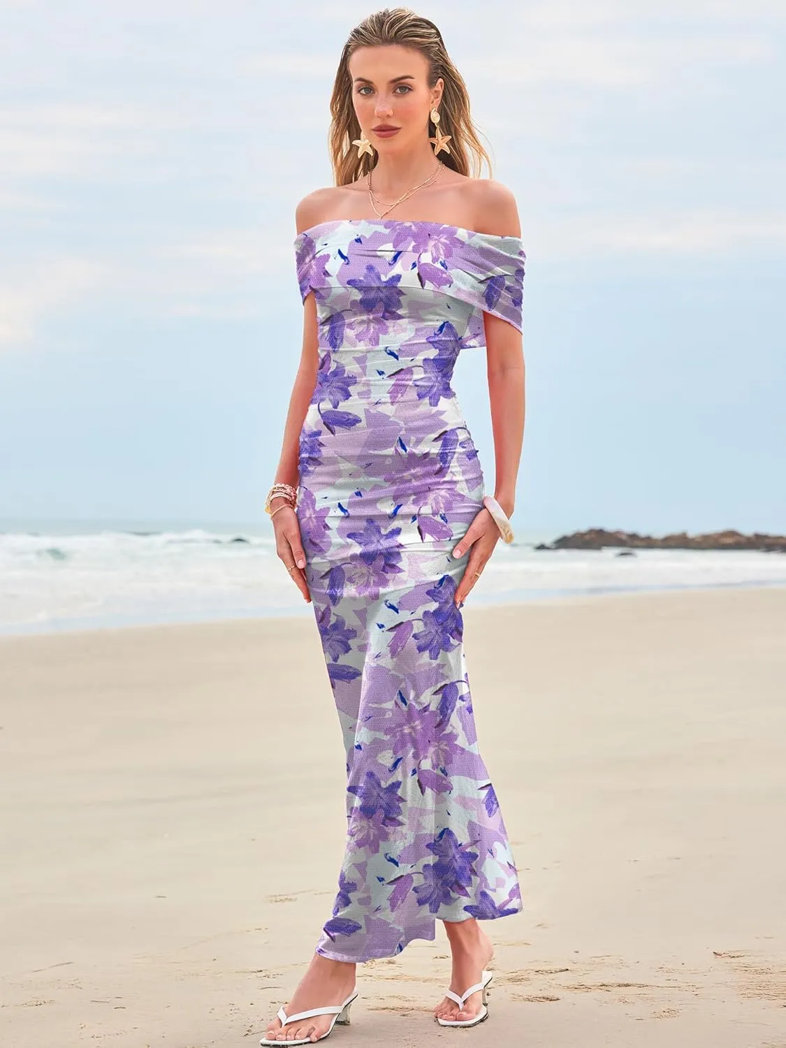 Women's Mesh Floral Maxi Dress 2025 Summer Off The Shoulder Ruched Bodycon Long Cocktail Party Fitted Dresses