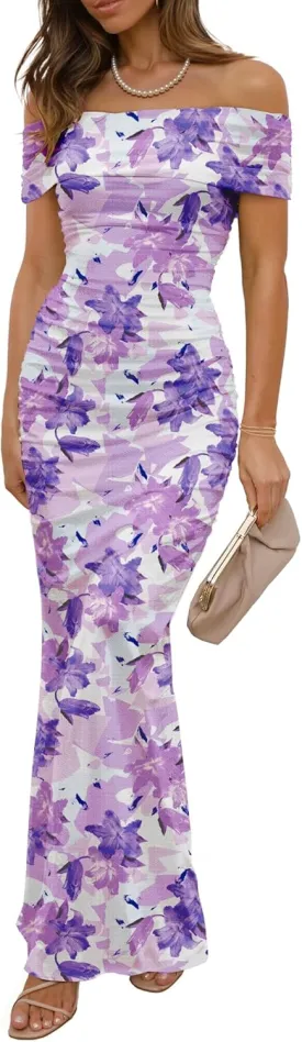 Women's Mesh Floral Maxi Dress 2025 Summer Off The Shoulder Ruched Bodycon Long Cocktail Party Fitted Dresses