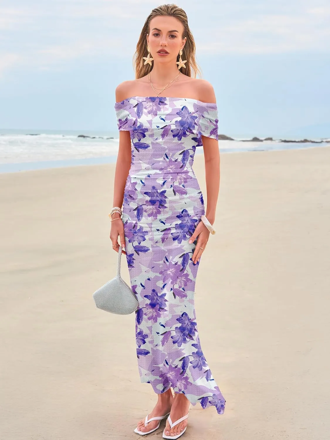 Women's Mesh Floral Maxi Dress 2025 Summer Off The Shoulder Ruched Bodycon Long Cocktail Party Fitted Dresses