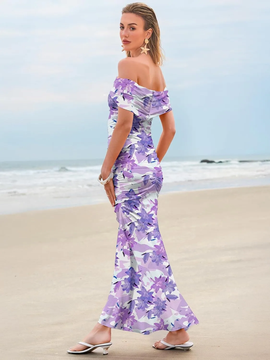 Women's Mesh Floral Maxi Dress 2025 Summer Off The Shoulder Ruched Bodycon Long Cocktail Party Fitted Dresses
