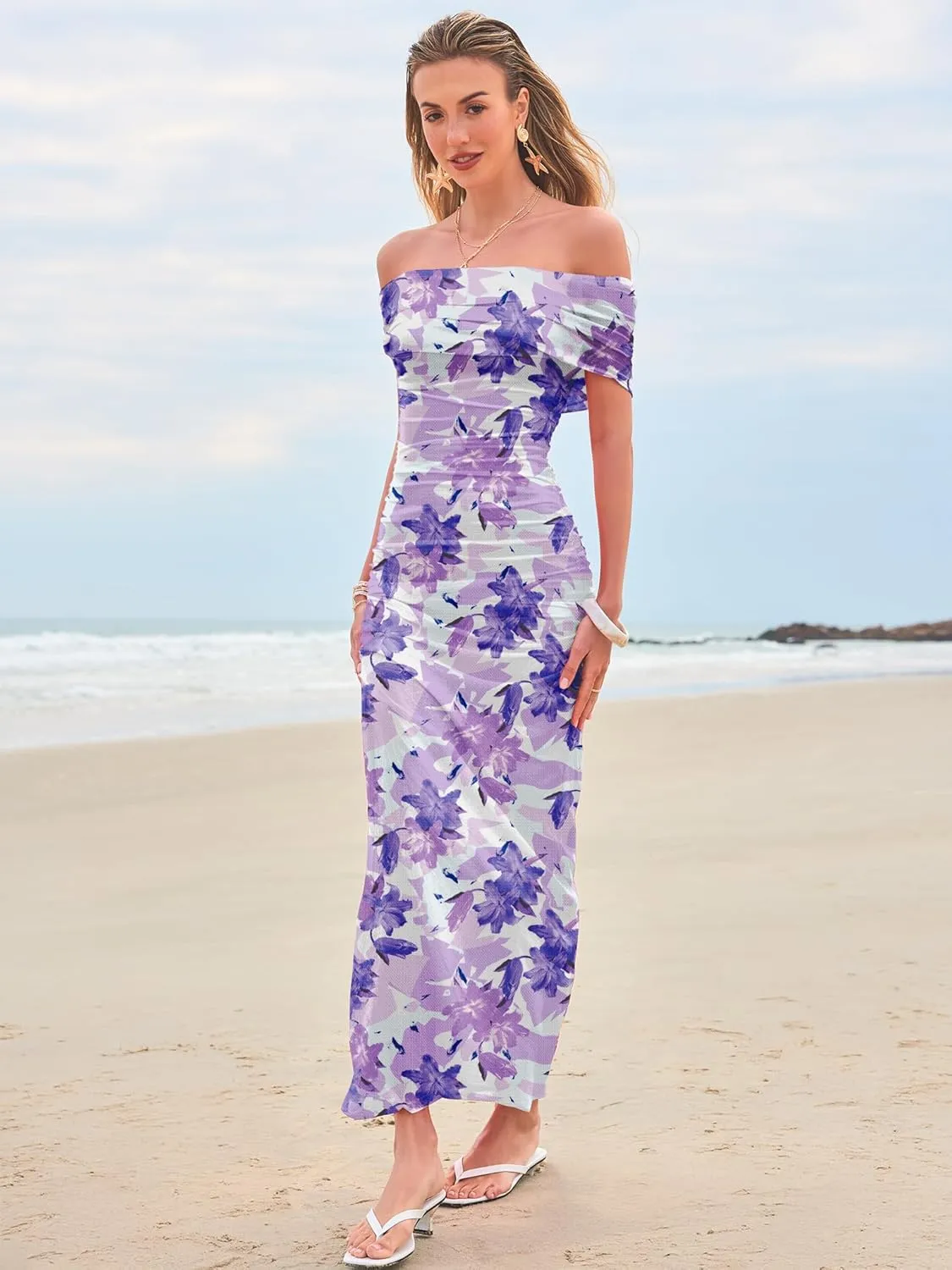 Women's Mesh Floral Maxi Dress 2025 Summer Off The Shoulder Ruched Bodycon Long Cocktail Party Fitted Dresses