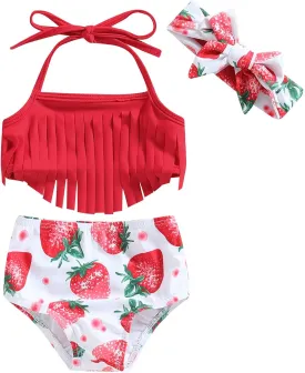Yccutest Infant Baby Girl Flower Swimsuit 3Pcs Halter Triangle Tops Ruffle Bottoms Sun Hat Bikini Set Bathing Suit Swimwear
